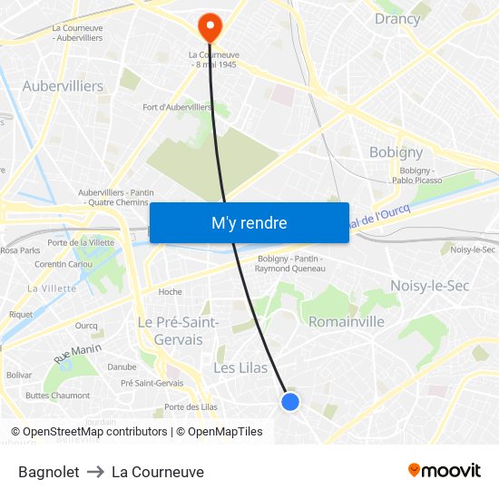 Bagnolet to La Courneuve map