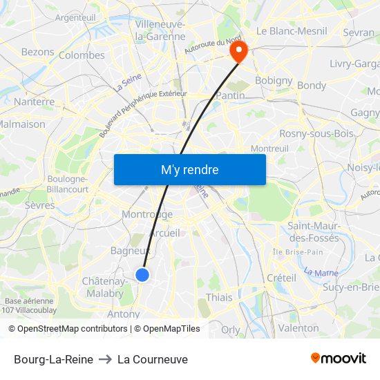 Bourg-La-Reine to La Courneuve map