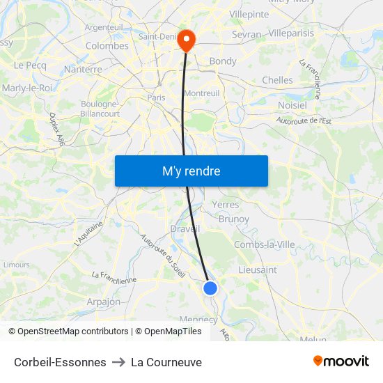 Corbeil-Essonnes to La Courneuve map