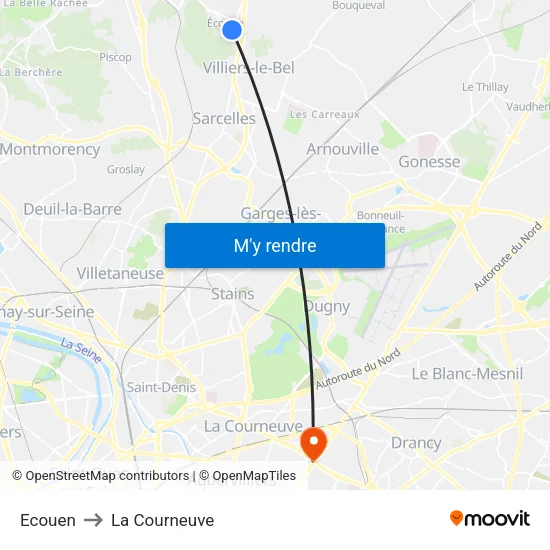 Ecouen to La Courneuve map