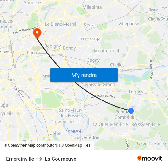Emerainville to La Courneuve map