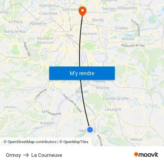 Ormoy to La Courneuve map