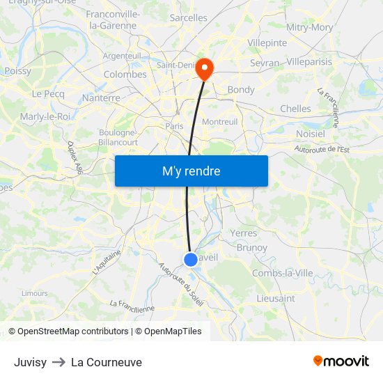 Juvisy to La Courneuve map