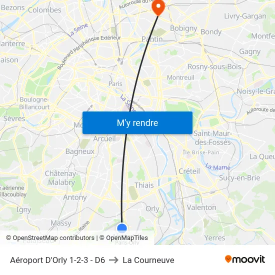 Aéroport D'Orly 1-2-3 - D6 to La Courneuve map