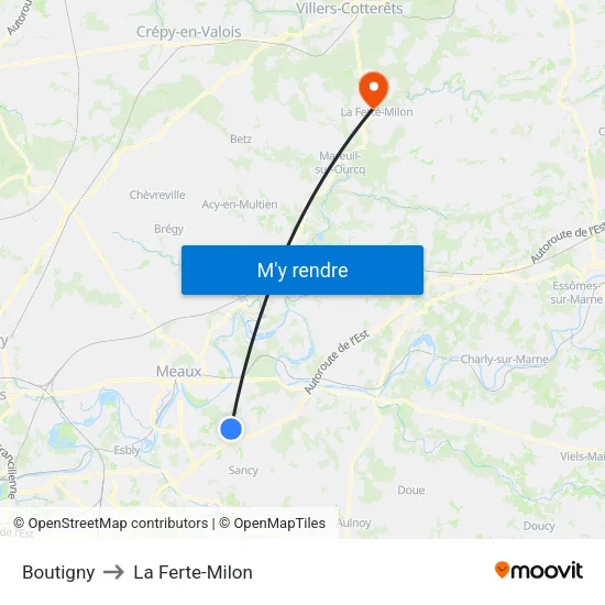 Boutigny to La Ferte-Milon map
