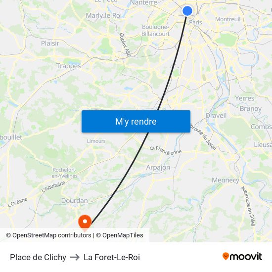 Place de Clichy to La Foret-Le-Roi map