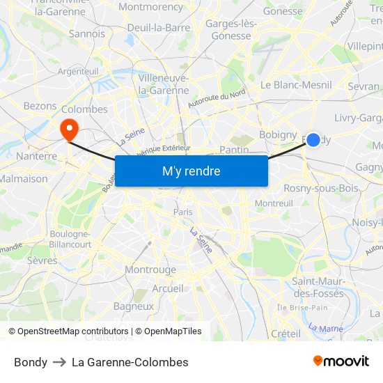 Bondy to La Garenne-Colombes map