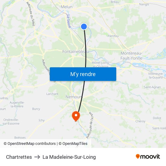 Chartrettes to La Madeleine-Sur-Loing map