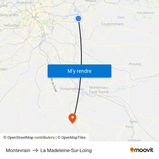 Montevrain to La Madeleine-Sur-Loing map