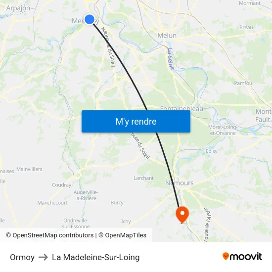 Ormoy to La Madeleine-Sur-Loing map