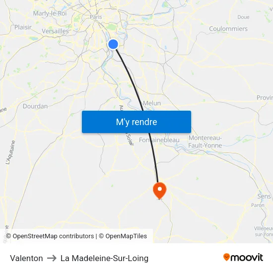 Valenton to La Madeleine-Sur-Loing map