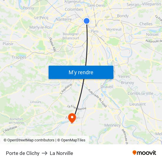 Porte de Clichy to La Norville map