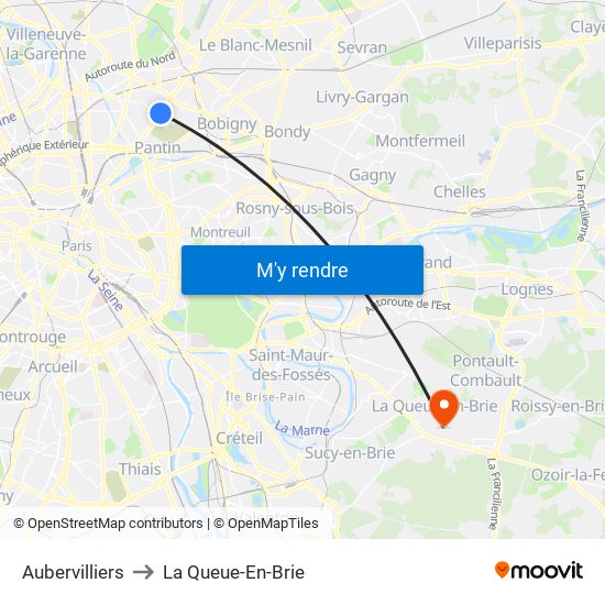 Aubervilliers to La Queue-En-Brie map