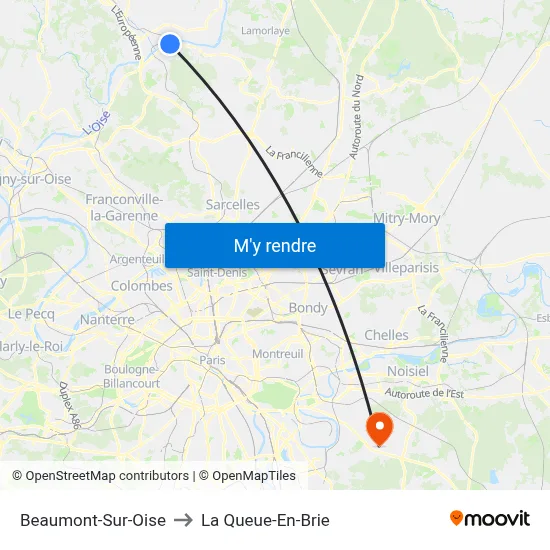 Beaumont-Sur-Oise to La Queue-En-Brie map