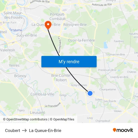 Coubert to La Queue-En-Brie map