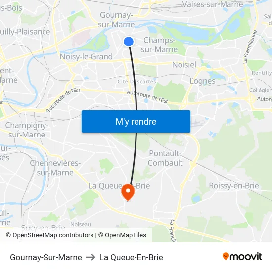 Gournay-Sur-Marne to La Queue-En-Brie map