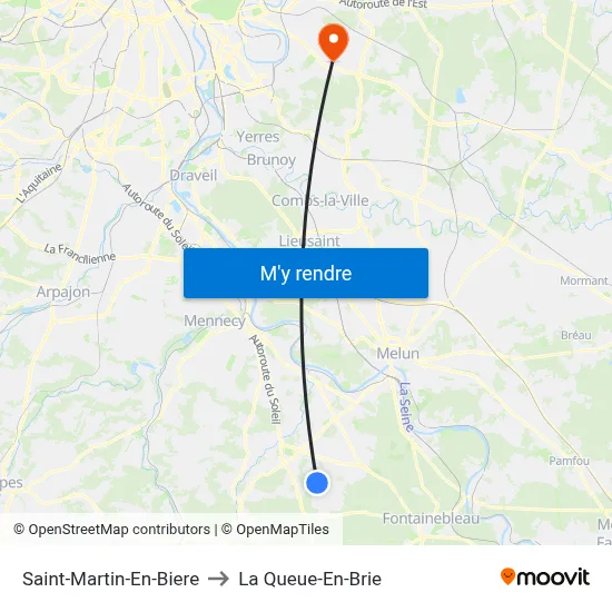 Saint-Martin-En-Biere to La Queue-En-Brie map