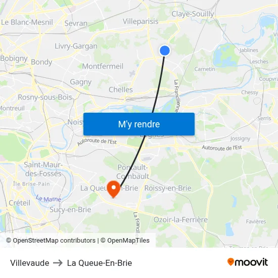 Villevaude to La Queue-En-Brie map