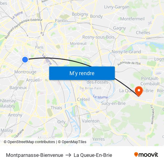 Montparnasse-Bienvenue to La Queue-En-Brie map