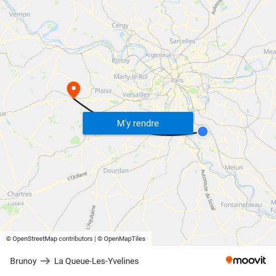 Brunoy to La Queue-Les-Yvelines map