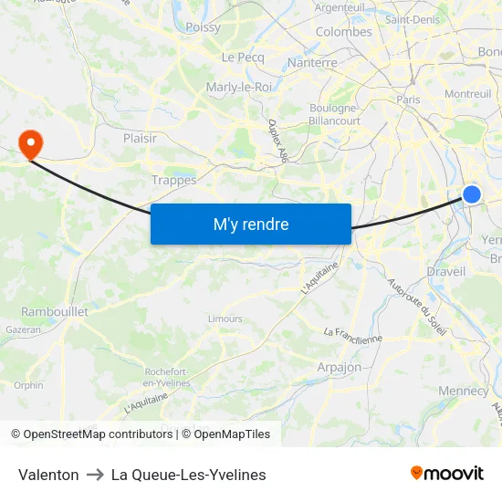 Valenton to La Queue-Les-Yvelines map