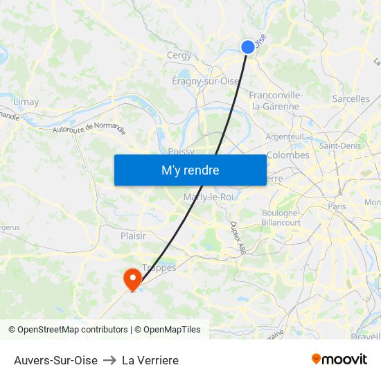 Auvers-Sur-Oise to La Verriere map