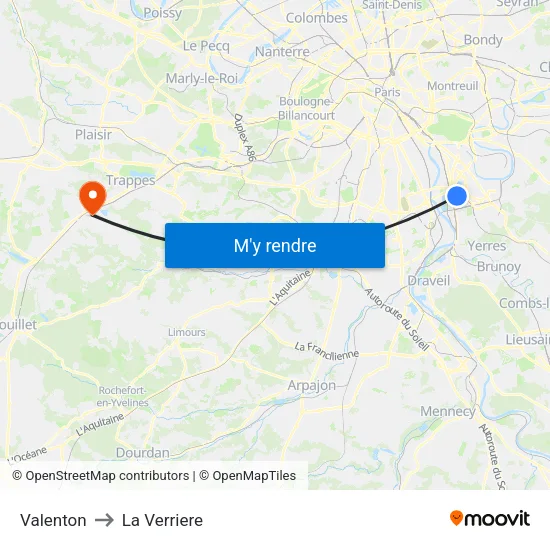 Valenton to La Verriere map