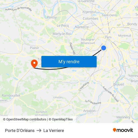 Porte D'Orléans to La Verriere map