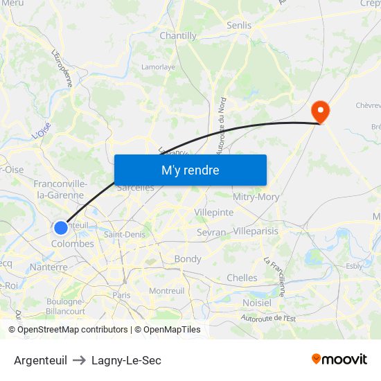 Argenteuil to Lagny-Le-Sec map