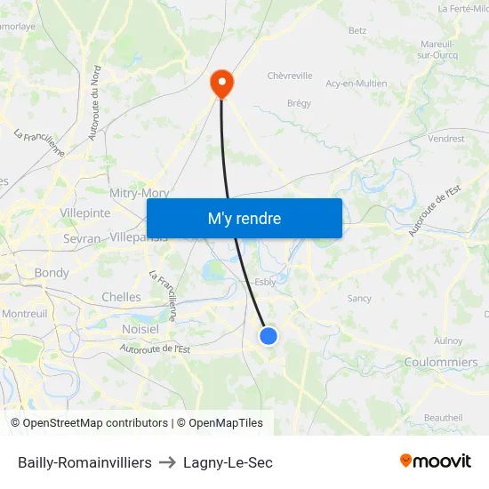 Bailly-Romainvilliers to Lagny-Le-Sec map