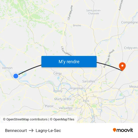 Bennecourt to Lagny-Le-Sec map
