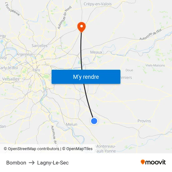 Bombon to Lagny-Le-Sec map
