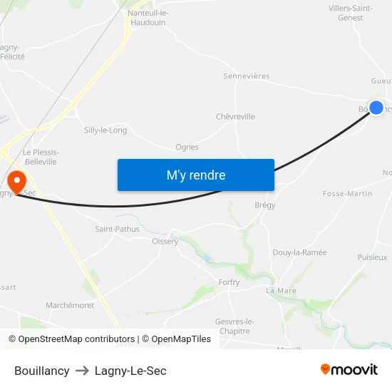 Bouillancy to Lagny-Le-Sec map