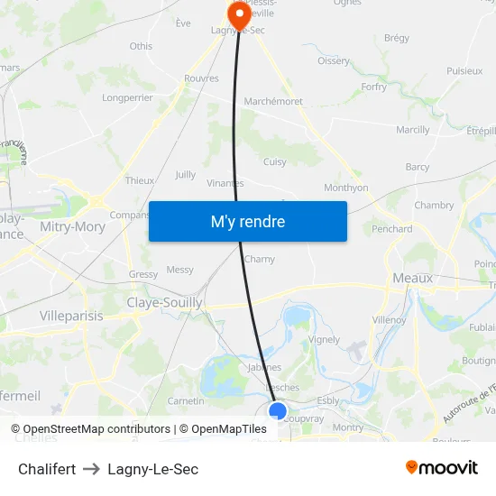 Chalifert to Lagny-Le-Sec map