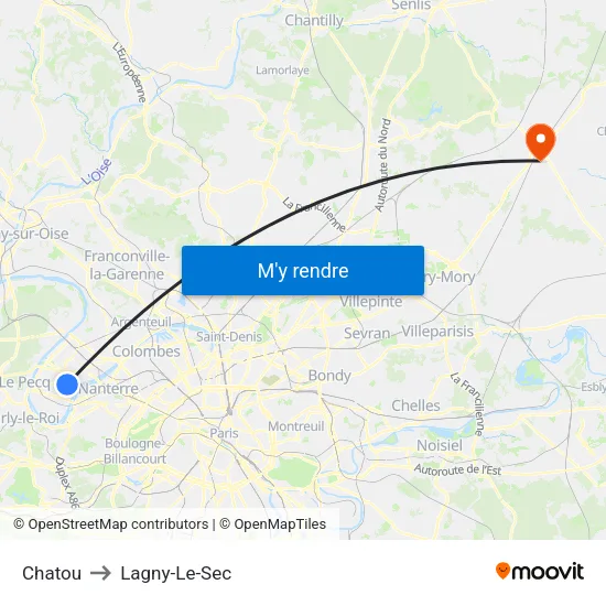 Chatou to Lagny-Le-Sec map