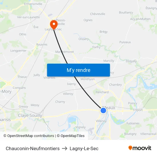 Chauconin-Neufmontiers to Lagny-Le-Sec map
