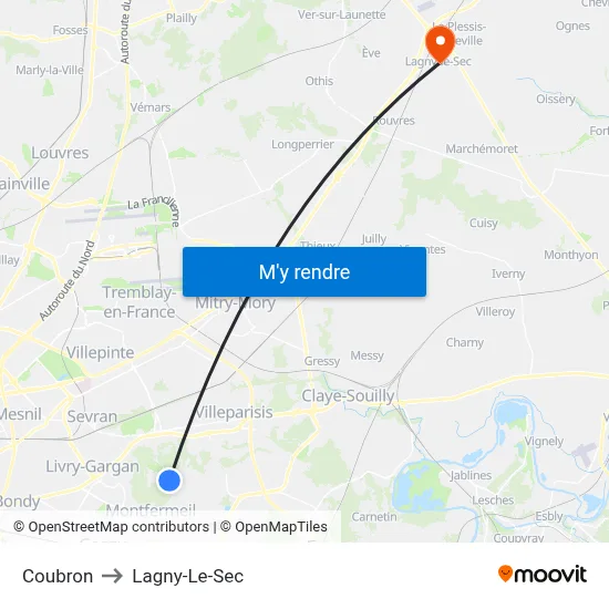 Coubron to Lagny-Le-Sec map