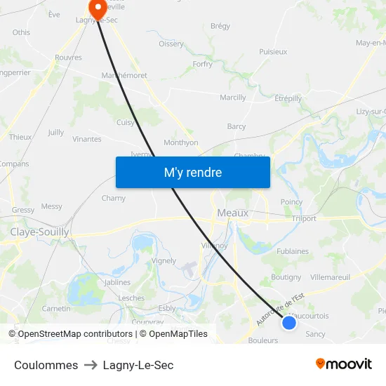Coulommes to Lagny-Le-Sec map