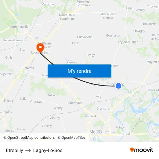 Etrepilly to Lagny-Le-Sec map