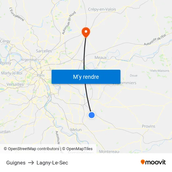 Guignes to Lagny-Le-Sec map