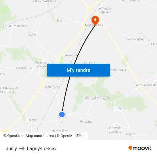 Juilly to Lagny-Le-Sec map