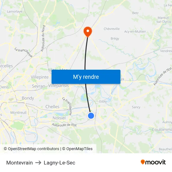 Montevrain to Lagny-Le-Sec map