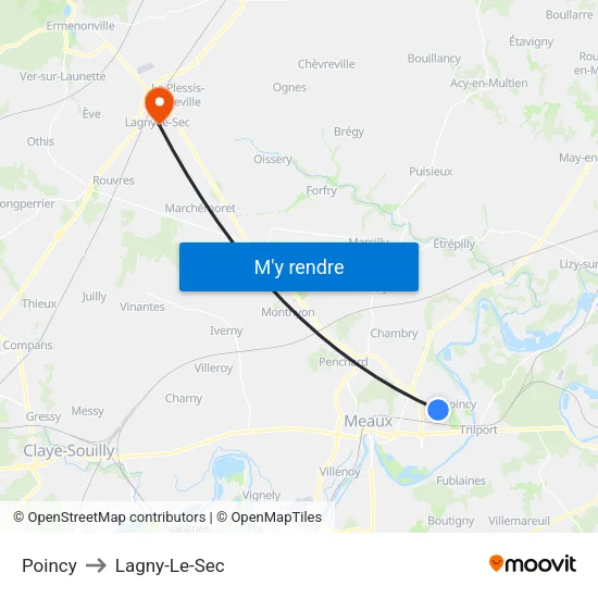Poincy to Lagny-Le-Sec map