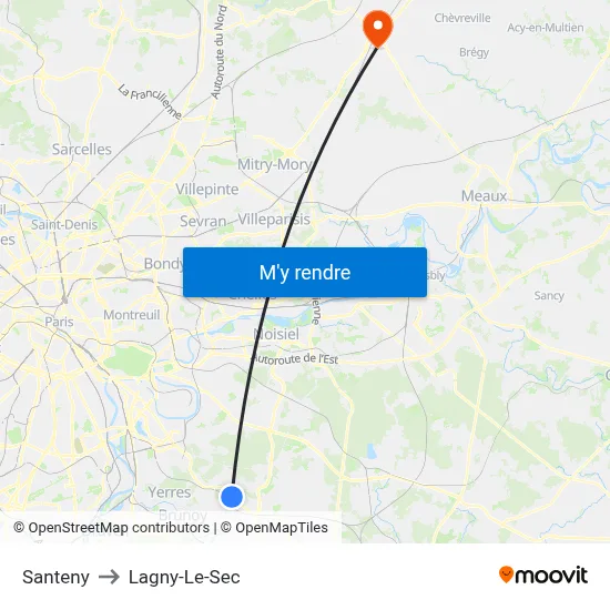 Santeny to Lagny-Le-Sec map