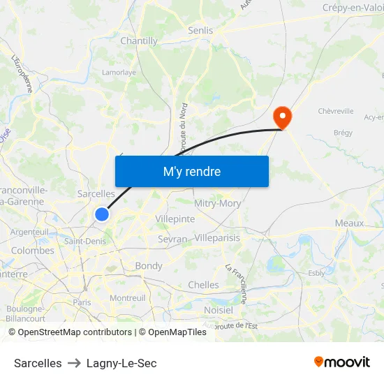 Sarcelles to Lagny-Le-Sec map