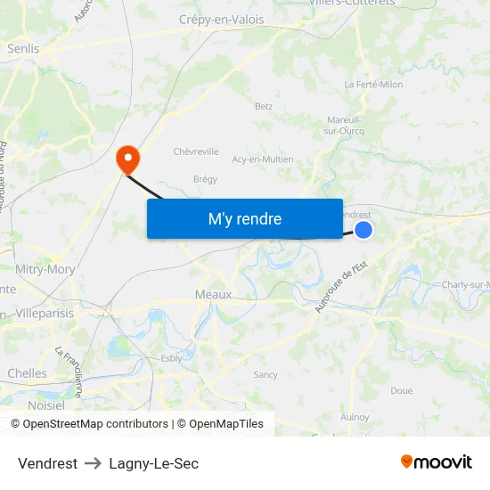 Vendrest to Lagny-Le-Sec map