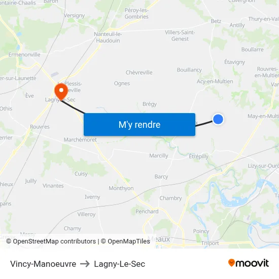 Vincy-Manoeuvre to Lagny-Le-Sec map