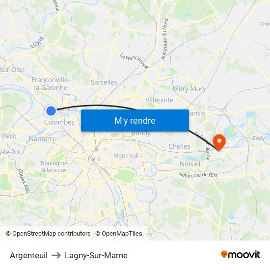 Argenteuil to Lagny-Sur-Marne map