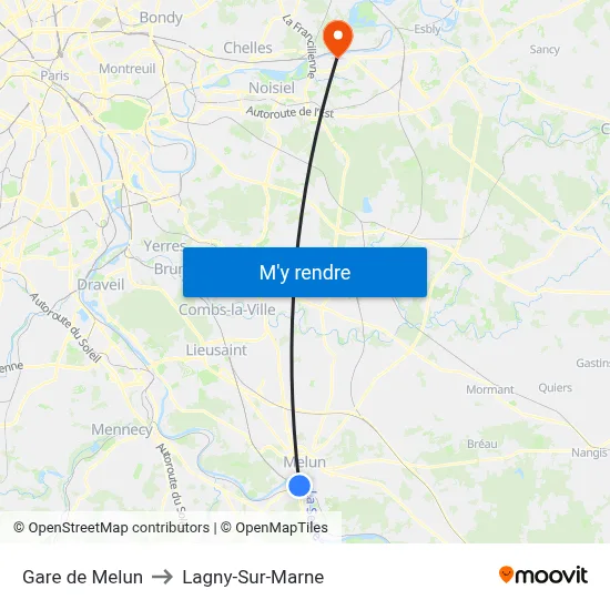 Gare de Melun to Lagny-Sur-Marne map