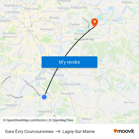 Gare Évry Courcouronnes to Lagny-Sur-Marne map